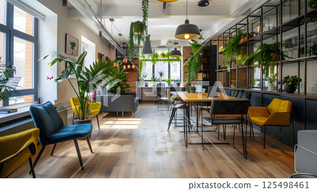 Coworking, a workspace for people working outside the office, a place for meetings. AI Generated 125498461