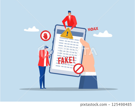 Businessman Uses Magnifying Glass to Identify Fake News on Social Media Spotlight on Deception hoax or lies censorship, fake website cheating, scam or dishonesty report concept 125498485