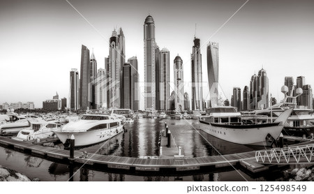 Skyscrapers and bridge over water, black and white style, city background, Dubai Marina bay UAE Skyscrapers and bridge over water, black and white style, city background, Dubai Marina bay UAE 125498549