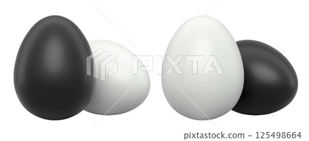 Black and white eggs placed side by side isolated on white transparent background. Black and white eggs placed side by side isolated on white transparent background. 125498664