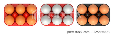 Plastic trays filled with neatly stacked brown and white eggs, isolated on white transparent background. 125498669