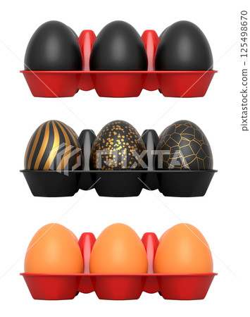 Elegant black eggs with gold patterns in trays, isolated on white transparent background. 125498670