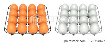 Metal trays filled with neatly stacked white and brown eggs, isolated on white transparent background. 125498674
