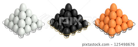 Metal trays filled with neatly stacked brown, white and black eggs, isolated on white transparent background. 125498676