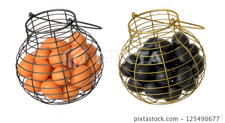 Wire baskets filled with eggs, isolated on white transparent background, concept of kitchen storage 125498677