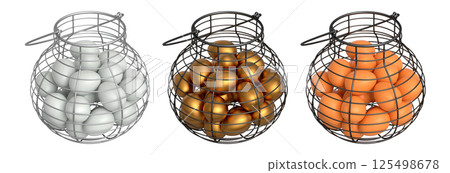 Wire baskets filled with eggs, isolated on white transparent background, concept of kitchen storage 125498678