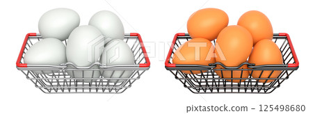Wire baskets filled with eggs, isolated on white transparent background, concept of kitchen storage 125498680