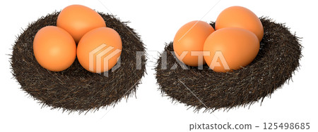 Brown eggs in bird nests isolated on white transparent background. 125498685