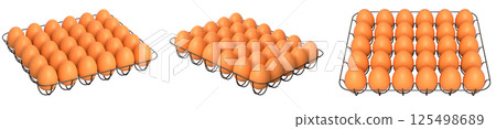 Metal trays filled with neatly stacked brown eggs, isolated on white transparent background. 125498689