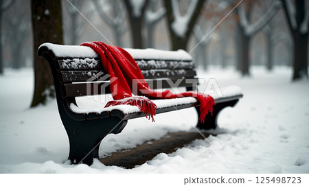 Monochrome park bench covered in snow with vivid red scarf offers a juxtaposition of warmth and melancholy in winter landscape 125498723