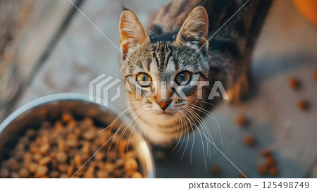 A cat or kitten sits near a bowl of food with copy space. AI Generated 125498749