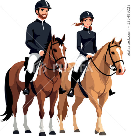 Vsai smiling jockeys riding horses, wearing helmets and equestrian attire 125499222