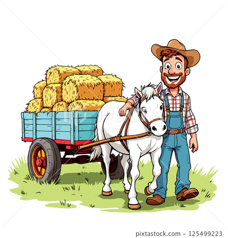 Vsai farmer walking with horse pulling cart loaded with hay bales 125499223