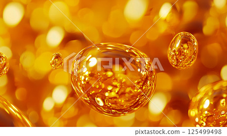 Floating golden liquid drops merging into infinity, captured in surreal macro shots with metallics Floating golden liquid drops merging into infinity, captured in surreal macro shots with metallics 125499498