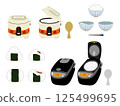 Illustration of a Showa retro rice cooker and a modern rice cooker with rice 125499695