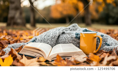Cozy Autumn Scene with Book, Blanket and Mug Outdoors 125499706