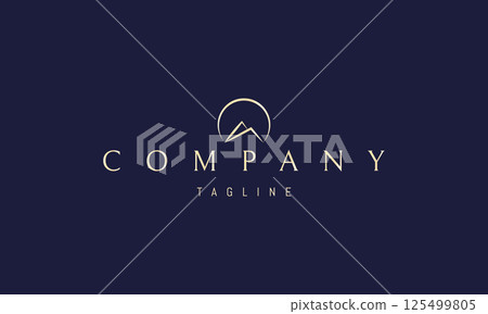Vector golden logo with abstract image of mountains at sunrise in linear style. Vector golden logo with abstract image of mountains at sunrise in linear style. 125499805