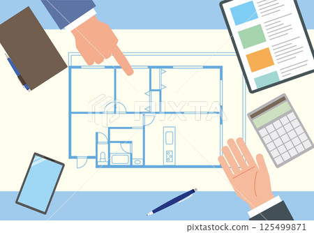 Apartment layout and people discussing 125499871