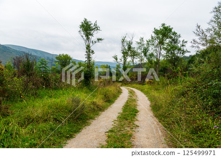 Winding dirt path through the Saja River Valley in Cantabria, northern Spain landscape. Winding dirt path through the Saja River Valley in Cantabria, northern Spain landscape. 125499971