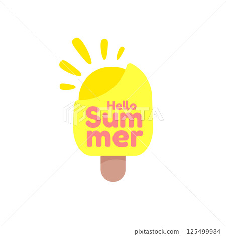 Hello summer yellow groovy aesthetic sticker with melting ice cream isolated on white. Hello summer motto sticker, tag, kids label, banner, poster, label png with quote. 125499984