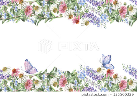 Rectangular frame with echinacea flowers. Isolated watercolor illustration of bouquets for design of packaging of cosmetic products, candies, printing on clothes. Rectangular frame with echinacea flowers. Isolated watercolor illustration of bouquets for design of packaging of cosmetic products, candies, printing on clothes. 125500329
