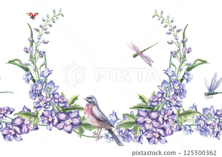 Seamless border with curved branches of delphinium and a bird. Isolated watercolor illustration of bouquets for design of packaging of cosmetic products, sweets, printing on clothes 125500362