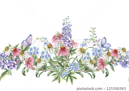 Seamless border with echinacea bouquet and dragonfly. Isolated watercolor illustration of bouquets for design of packaging of cosmetic products, candies, printing on clothes 125500363