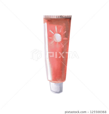 Closed tube of sunscreen. Isolated watercolor illustration for poster design on the theme of seaside recreation, travel sites, poster printing 125500368