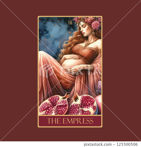 A watercolor Tarot card 'The Empress'.Tarot card colorful deck. Major arcana set part . Vector hand drawn engraved style. Occult and alchemy symbolism. 125500506