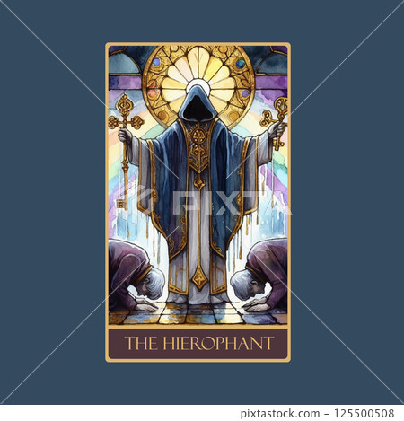 A watercolor Tarot card 'The Hierophant'.Tarot card colorful deck. Major arcana set part . Vector hand drawn engraved style. Occult and alchemy symbolism. A watercolor Tarot card 'The Hierophant'.Tarot card colorful deck. Major arcana set part . Vector hand drawn engraved style. Occult and alchemy symbolism. 125500508