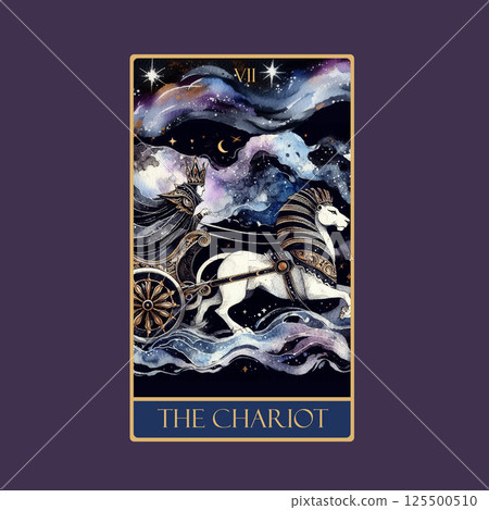 A watercolor Tarot card 'The Chariot'.Tarot card colorful deck. Major arcana set part . Vector hand drawn engraved style. Occult and alchemy symbolism. A watercolor Tarot card 'The Chariot'.Tarot card colorful deck. Major arcana set part . Vector hand drawn engraved style. Occult and alchemy symbolism. 125500510