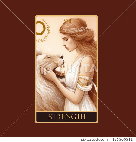 A watercolor Tarot card 'Strength'.Tarot card colorful deck. Major arcana set part . Vector hand drawn engraved style. Occult and alchemy symbolism. A watercolor Tarot card 'Strength'.Tarot card colorful deck. Major arcana set part . Vector hand drawn engraved style. Occult and alchemy symbolism. 125500511