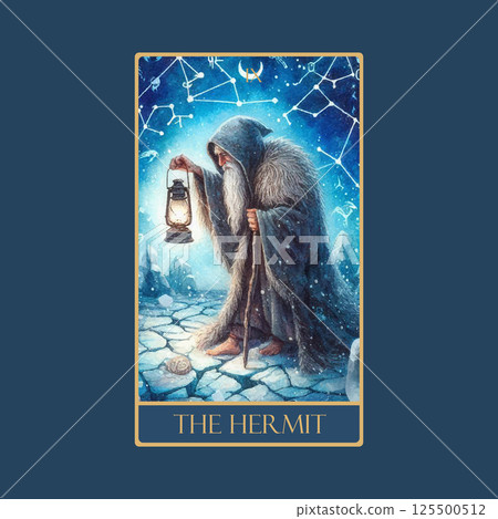 A watercolor Tarot card 'The Hermit'.Tarot card colorful deck. Major arcana set part . Vector hand drawn engraved style. Occult and alchemy symbolism. A watercolor Tarot card 'The Hermit'.Tarot card colorful deck. Major arcana set part . Vector hand drawn engraved style. Occult and alchemy symbolism. 125500512