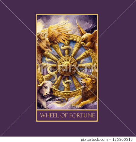 A watercolor Tarot card 'Wheel of Fortune'.Tarot card colorful deck. Major arcana set part . Vector hand drawn engraved style. Occult and alchemy symbolism. A watercolor Tarot card 'Wheel of Fortune'.Tarot card colorful deck. Major arcana set part . Vector hand drawn engraved style. Occult and alchemy symbolism. 125500513