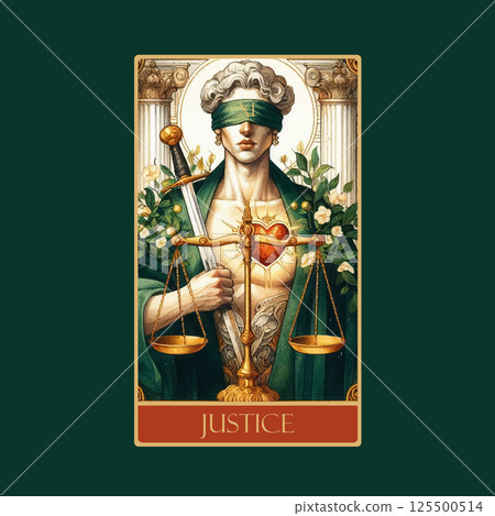 A watercolor Tarot card 'Justice'.Tarot card colorful deck. Major arcana set part . Vector hand drawn engraved style. Occult and alchemy symbolism. 125500514