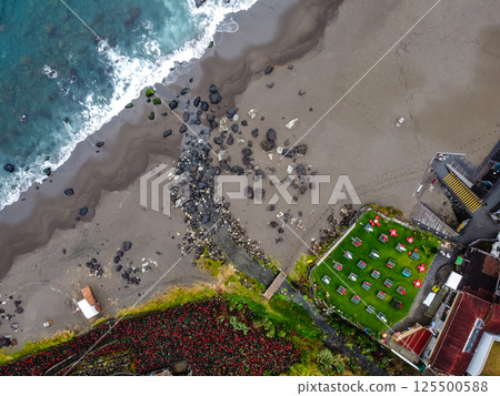 Drone view of Coastal Cafe and Beach in Azores 125500588