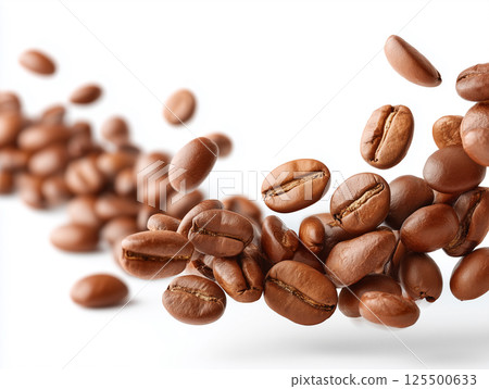 Coffee beans floating on a white background | Material for cafe and beverage advertising 125500633