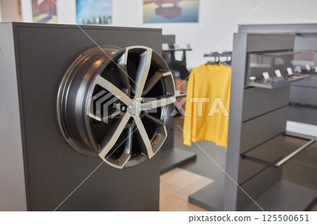Stylish Automotive Alloy Wheels Display in a modern and chic presentation for car enthusiasts Stylish Automotive Alloy Wheels Display in a modern and chic presentation for car enthusiasts 125500651