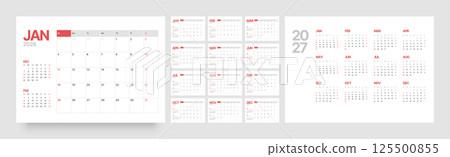 Monthly calendar layout for 2026. Planner diary. Monthly calendar layout for 2026. Planner diary. 125500855