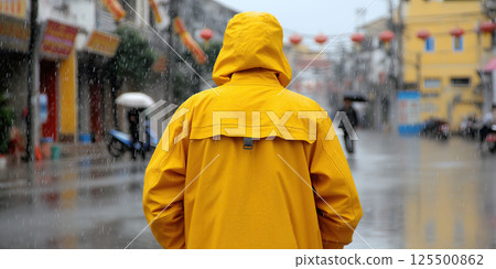 Person in yellow raincoat standing in heavy rain on city street, urban chaos, moody atmosphere 125500862