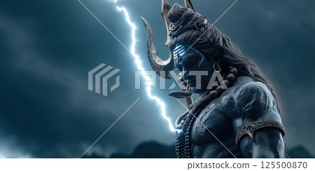 Epic lord shiva with trident, blue skin, lightning, dramatic sky, powerful, spiritual Epic lord shiva with trident, blue skin, lightning, dramatic sky, powerful, spiritual 125500870