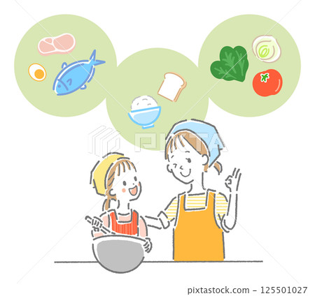 父母與孩子一起做飯的插圖以及三大類食物 父母與孩子一起做飯的插圖以及三大類食物 125501027