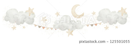 Watercolor Sky border with clouds, yellow stars, crescent moon and party garland in pastel beige colors. Illustration for Baby shower greeting cards or nursery posters. Drawing for childish banner. 125501055
