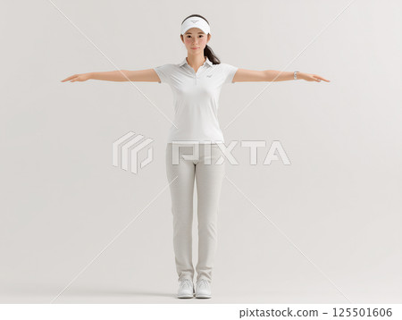 A woman in elegant golf fashion: A full-body portrait of a healthy and beautiful Japanese woman A woman in elegant golf fashion: A full-body portrait of a healthy and beautiful Japanese woman 125501606