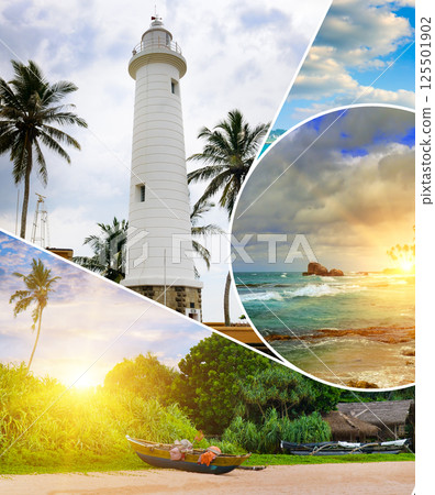 Nature landscape view of beautiful tropical beach, lighthouse and ship. Concept - vacation and travel. 125501902