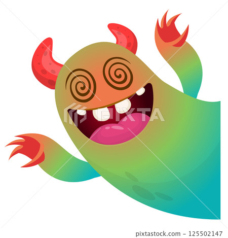 Cartoon scary monster with funny face expression waving hands . Vector illustration isolated on white. Halloween design 125502147