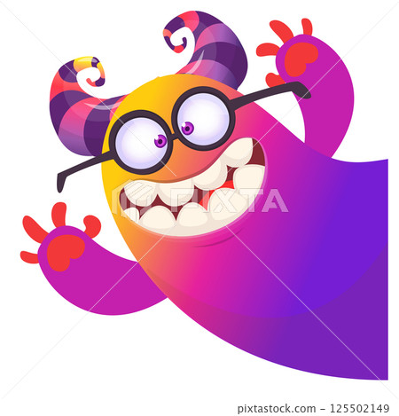 Cartoon scary monster with funny face expression waving hands . Vector illustration isolated on white. Halloween design Cartoon scary monster with funny face expression waving hands . Vector illustration isolated on white. Halloween design 125502149