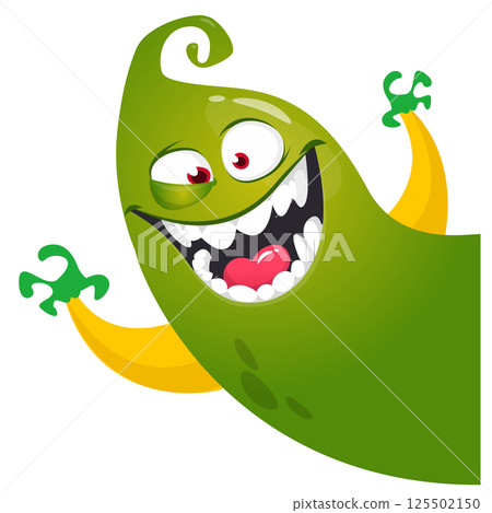 Cartoon scary monster with funny face expression waving hands . Vector illustration isolated on white. Halloween design Cartoon scary monster with funny face expression waving hands . Vector illustration isolated on white. Halloween design 125502150