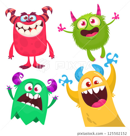 Funny cartoon monsters with different face expressions. Set of cartoon vector happy monsters characters. Halloween design for party decoration,  package design 125502152