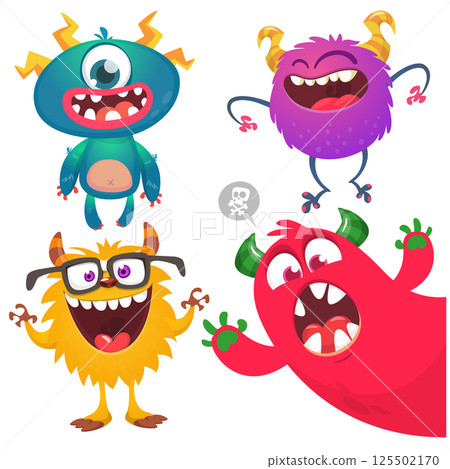 Funny cartoon monsters with different face expressions. Set of cartoon vector happy monsters characters. Halloween design for party decoration,  package design 125502170